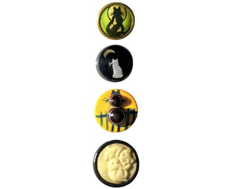 4 Medium/Large 19th/20th century assorted material buttons.This lot includes a wonderful Matha Sleeper Bakelite Cat button, a