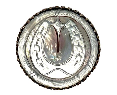 1 large 19th century horseshoe design button set in metal.Here is another great pearl button from the collection of the late 