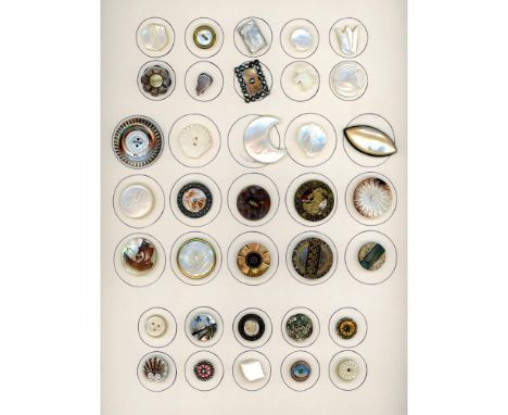 35 S/M 19th century shell buttons including non iridescent.This lot includes a couple of nice carved pictorial cowrie shells 