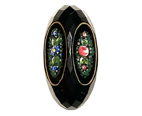 1 Large 19th century oval faceted black glass button.Here is an exquisite faceted black glass with two panels, one on each si