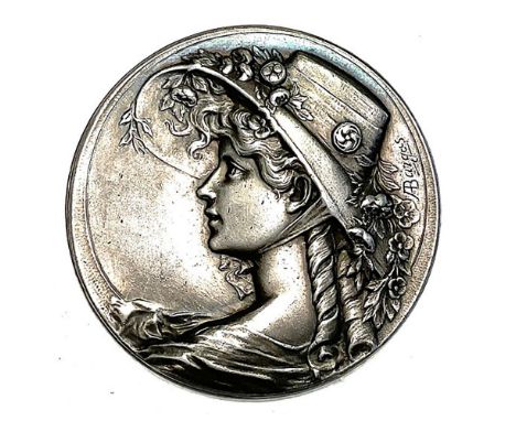 1 Large early 20th century lady in a big hat button.This detailed heavy silvered brass button depicts a beautiful Art Nouveau