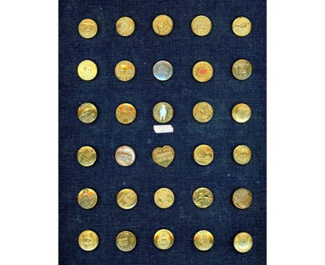30 Medium size 19th/20th century company advertising buttons.This card has a large selection of overall advertising buttons i