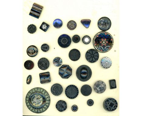 33 S/M/L 19th and 20th century black glass including pictorial.This card includes a wonderful silver and gold lustered extra 