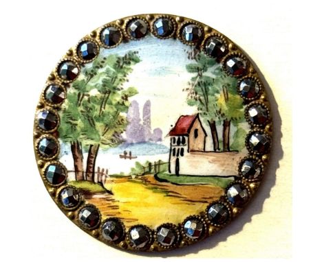 1 Large 19th century colorful scene enamel button.This enamel with a cut steel border depicts a colorful architectural scene.