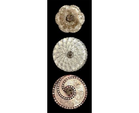 3 Medium/Large 19th century lacy glass including pictorial.In this lot you will find 2 lacy glass buttons with their silver p