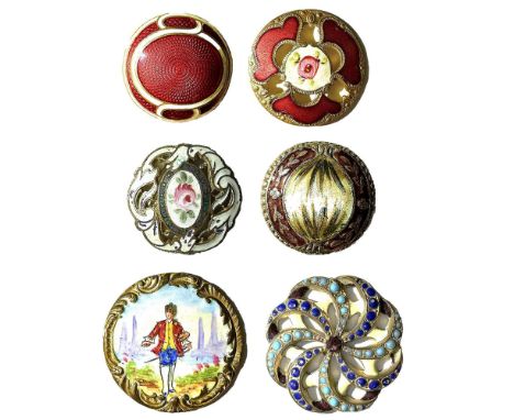 6 Medium/Large 19th century assorted technique enamel buttons.Here is a nice card of assorted enamels including a pictorial p