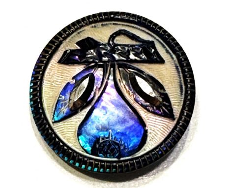 1 Large 19th century low relief carved pear button.This is a wonderful blue dyed carved pearl button off a pear fruit accente