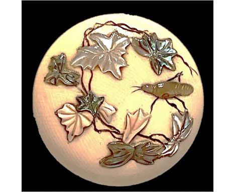 1 Large 20th century Shibayama inlay button.Here is a beautifully inlay of mother of pearl and abalone depicting an insect am
