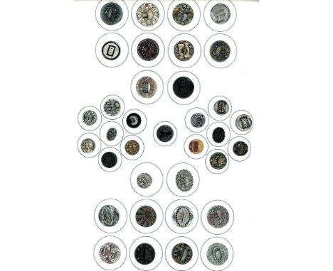 35 S/M 19th century assorted black glass buckle buttons.This lot is for an entire card of pictorial buckle buttons all in bla