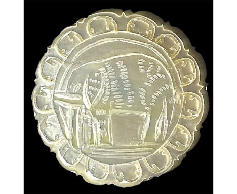 1 Large 1930's carved &amp; pierced Bethlehem pearl Elephant button.Here is wonderful detailed example of Bethlehem pearl but