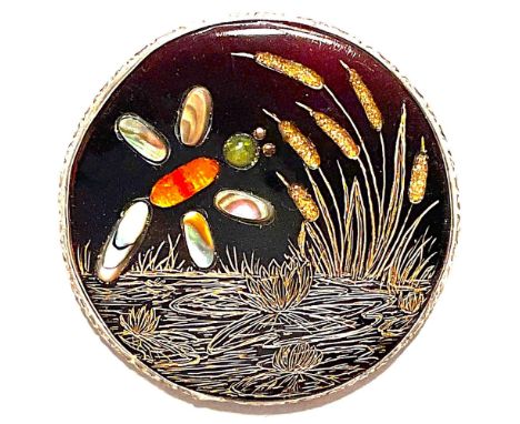 1 Large 20th century button by Nancy Dubois.This is a very unusual example of Nancy's fine pin shell work. The pin shell is e