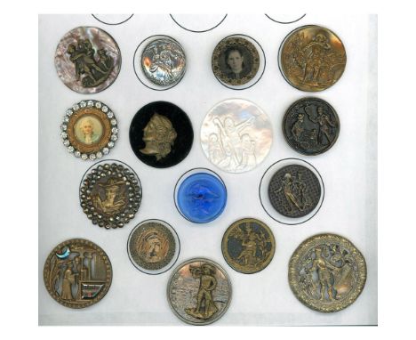 16 Large 19th/20th C. picture buttons including Bethlehem pearl.From the collection of the late Shirley Case we bring you thi