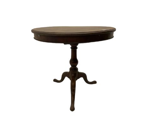 George III mahogany tripod table, circular moulded top with skirt, on hinged box mechanism, turned column with three splayed 