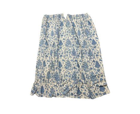 Two pairs of pleated and thermal lined curtains, in blue and white fabric decorated with scenes from the Garden of Eden (70cm