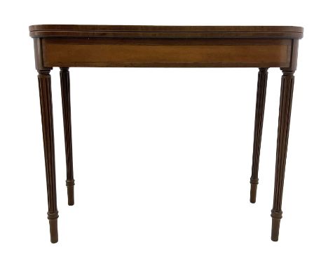 Early 19th century tea table, rectangular fold-over top with rounded corners, the frieze and sides inlaid with satinwood pane