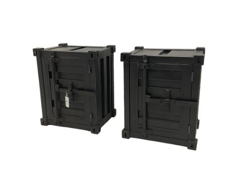 Pair of 'shipping container' industrial lamp cabinets, fitted with single lever doorDimensions: Height: 56cm  Length/Width: 4