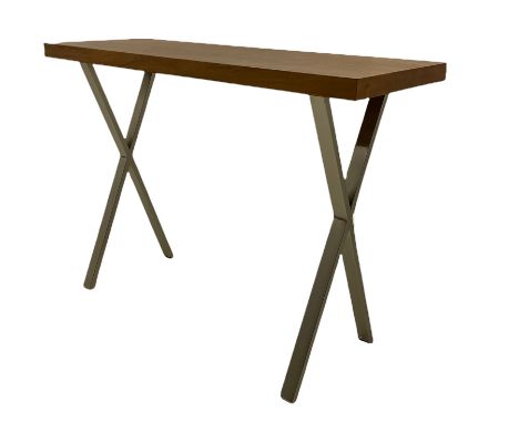 Contemporary console table, walnut finish rectangular top on burnished metal x-frame supportsDimensions: Height:&nbsp;80cm&nb