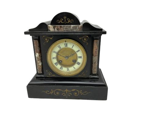 A Belgium slate and marble mantle clock c1890, with an eight-day French striking movement, case with inlaid contrasting marbl