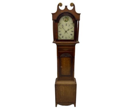 A mid-19th century oak and mahogany longcase clock with a swans neck pediment, brass paterae and a central ball and eagle fin