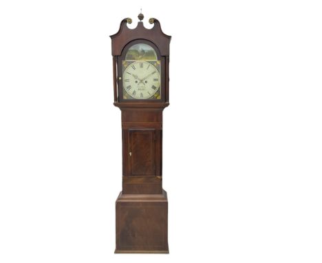 A compact Victorian longcase clock c 1840 with a thirty hour chain driven moment in a mahogany case with a Swans neck pedimen