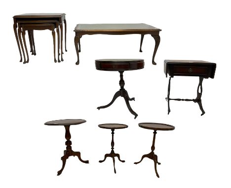 Nest of three mahogany tables, two mahogany wine tables, circular mahogany tripod table, rectangular coffee table with leathe