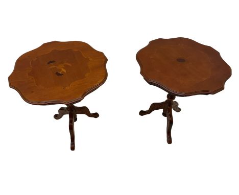 Pair inlaid lamp tables, shaped moulded tops, turned columns with splayed supportsDimensions: Height:&nbsp;60cm&nbsp; Depth/D