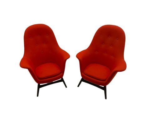 Pair of contemporary button back chairs, upholstered in orange fabricDimensions: Height:&nbsp;106cm&nbsp; Length/Width:&nbsp;