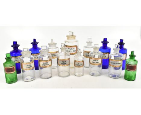 A collection of fifteen apothecary jars and stoppers, all with gilt glass name plates, comprising four blue glass examples, t