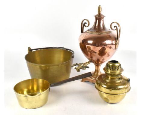 A 19th century copper samovar with brass tap, with a brass jam pan, sauce pan, and oil lamp reservoir, tallest 48cm (4).
