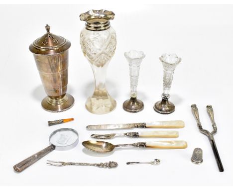 A George VI hallmarked silver mounted sugar caster in the Art Deco manner, Birmingham 1936, three cut glass vases with hallma