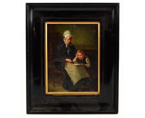 19TH CENTURY ENGLISH SCHOOL;&nbsp;oil on panel, an elderly lady with child reading, Indistinctly signed lower left, 14 x 19cm