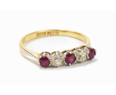 A diamond and ruby five stone 18ct yellow gold ring, size M, approx. 1.6g.&nbsp;