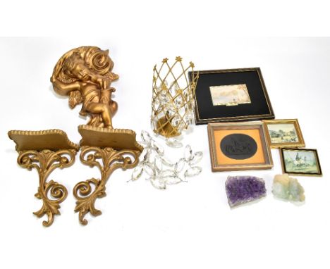 A group of various collectors' items including a plaster wall bracket, a Baxter print, a black basalt plaque, a pair of wall 