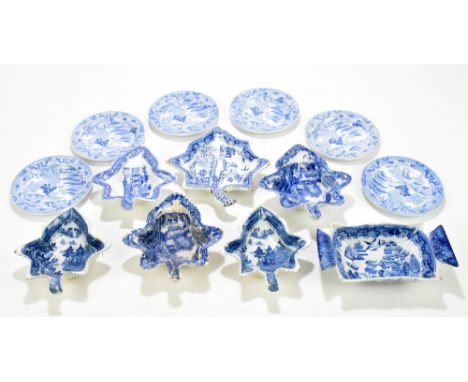 A small group of 19th century blue and white Spode, including pickle dishes and saucers.