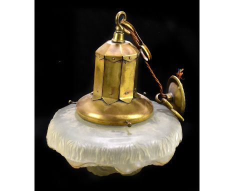 An early 20th century French brass and opaque glass ceiling light, the glass moulded as a large flower head, height 35cm.&nbs