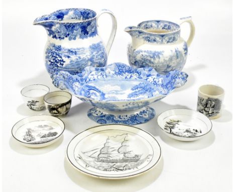 A collection of 19th century Spode including two blue and white jugs, a blue and white twin handled bowl, also black and whit