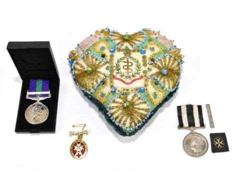A WWI period military sweetheart cushion, Royal Army Medical Corps, also a Victorian Ordinis Hospital medal, Elizabeth II Can