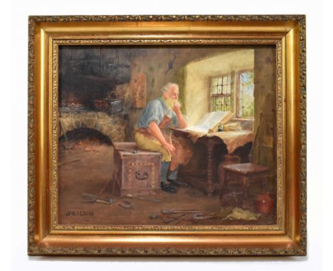 JOHN A LOMAX (1857-1923); oil on wooden panel, blacksmith seated in interior scene, signed lower left, 24.5 x 29.5cm.Addition