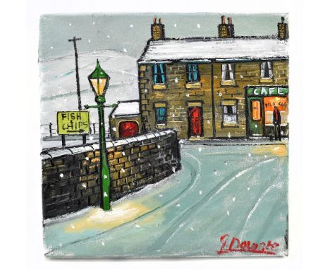 JAMES DOWNIE (born 1949); oil on canvas, 'Fish and Chips, signed lower right, 30 x 30cm, unframed. (D)Additional InformationG