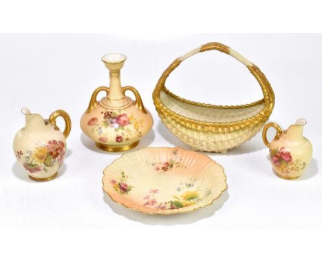 ROYAL WORCESTER; five pieces of blush ivory including a twin handled bulbous shaped vase, height 18cm, shape no.1747, a baske