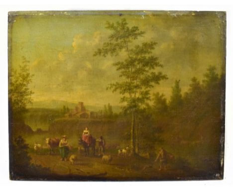 18TH CENTURY CONTINENTAL SCHOOL; oil on panel, landscape with figures and animals in foreground, unsigned, 19.75 x 25.75cm, f