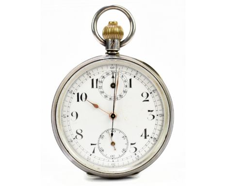 A sterling silver crown wind open face pocket watch, the enamelled dial set with Arabic and Roman numerals and two subsidiary