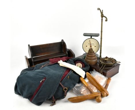 A Victorian mahogany and cast brass scale, with a set of Waymaster scales, two oak book troughs, a selection of vintage glove