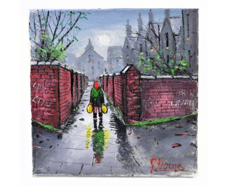 JAMES DOWNIE (born 1949); oil on canvas, lady walking in alley, signed lower right, 30 x 30cm, unframed. (D)Additional Inform