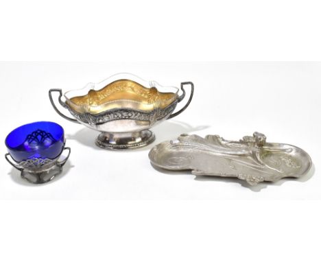 WMF; an Art Nouveau centrepiece with shaped glass liner, twin handles and spreading oval foot, an Orivit Art Nouveau stand wi