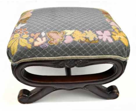A 19th century carved mahogany stool of square form, with floral tapestry seat with carved scrolling frame, height 37cm, widt