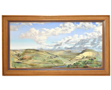 WALTER KERSHAW (born 1940); oil on panel, 'Moorland Fires From Calderbrook', signed lower right, 60.5 x 121cm, framed. (D)Add