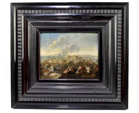FLEMISH SCHOOL, CIRCA 1700; oil on copper, a cavalry skirmish before an open landscape with a walled city to the horizon, uns