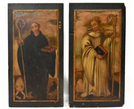 A pair of 18th century Spanish oils on panel, saintly figures, 110 x 57cm, and 110 x 56cm (2).

Provenance: private collectio