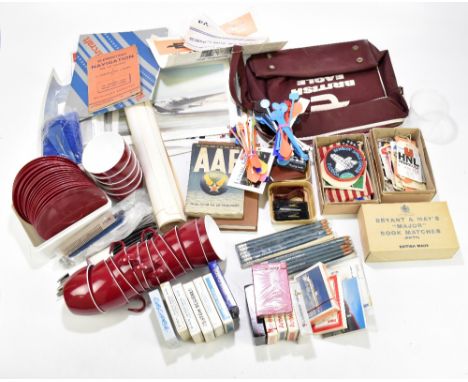 A small collection of assorted airline memorabilia and ephemera including Transolar baggage tags, a British Eagle vintage bag